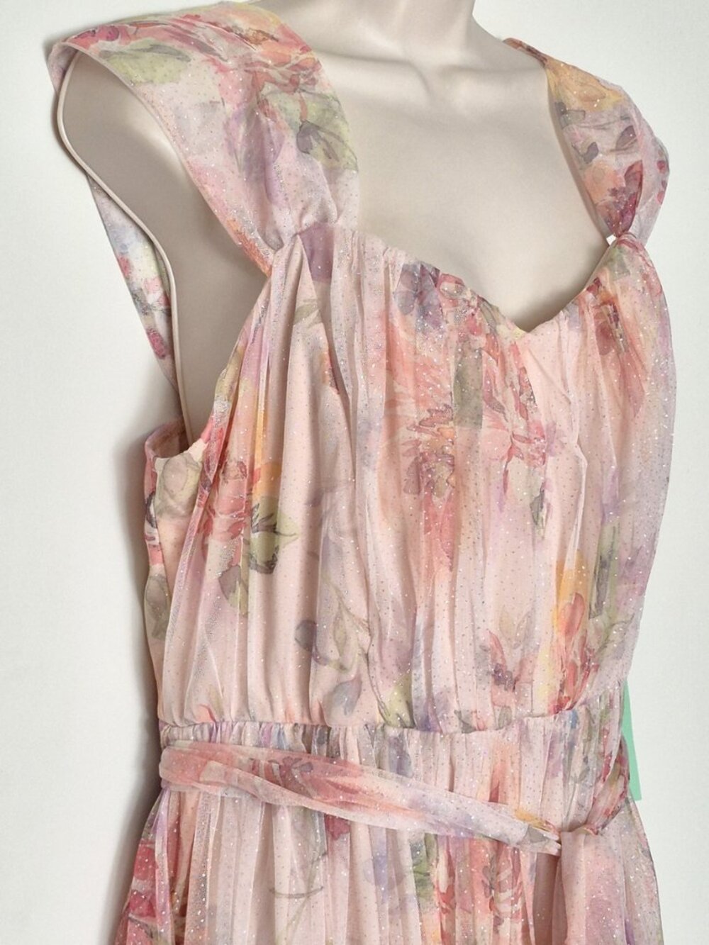 Candalite Petite Floral Print Chiffon Midi Dress Shiny Sparkle Fairy Pink Combo